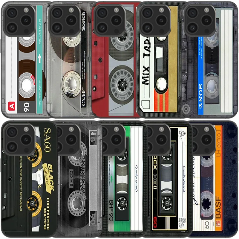 Cassette Tape Silicone Black Clear Phone Case For Apple iPhone 12 13 Mini 11 14 15 16 Pro Max Cover XS MAX XR Soft