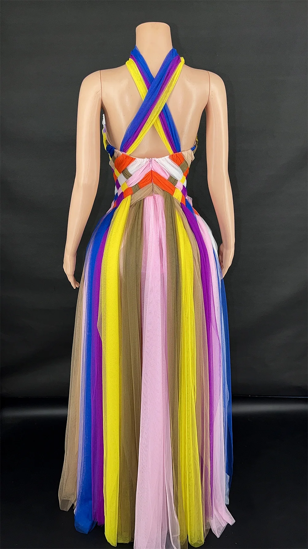 Sexy and elegant multi-colored mesh weaving 2024 fashion sleeveless backless party Birthday celebration ball floor-length dress