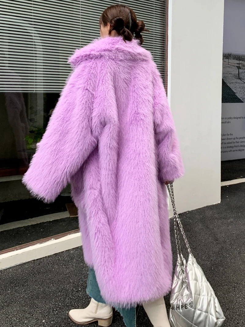 Lady Light Purple Eco-friendly Faux Fur Coat Female Lapel Suit Artificial Wool Long Jacket Winter Women\'s Coats Promotion