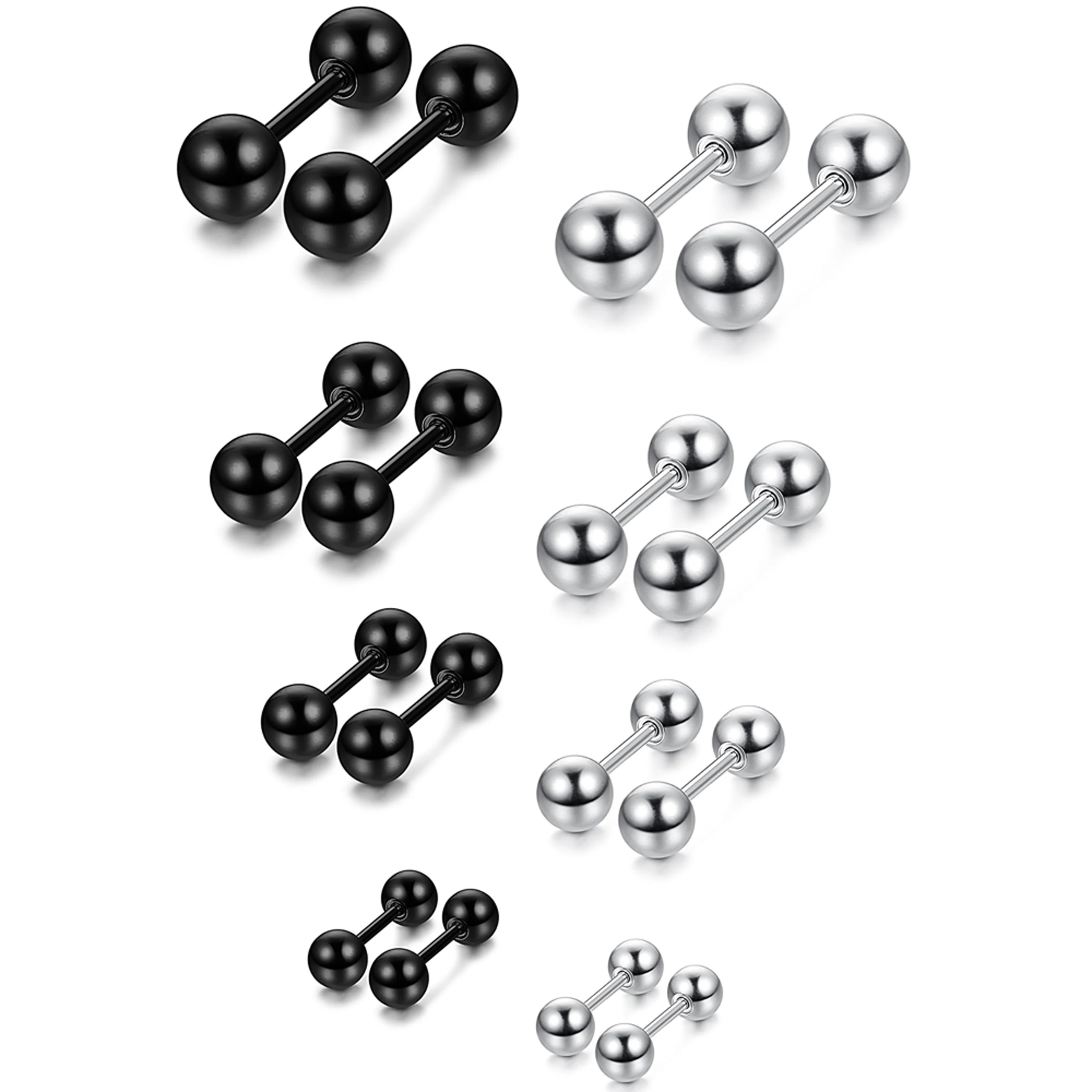 Pack of 8 Pairs Unisex Punk Stainless Steel Ball Screw Back Stud Earrings Barbell Cartilage Helix Ear Piercing Jewelry 3-6mm