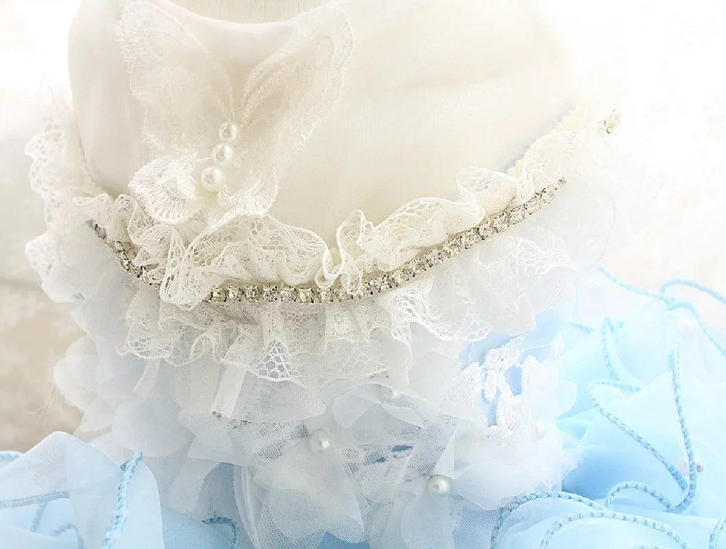 Handmade Dog Clothes Pet Supplies Trailing Dress Gown Blue Hemming Pearl Lace Butterfly Princess Tiered Skirt Tulle One Piece