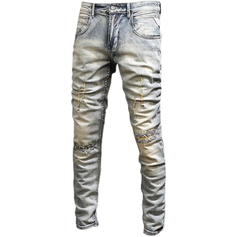 Streetwear Fashion Men Jeans Retro Yellow Blue Elastic Slim Fit Ripped Jeans Men Embroidery Designer Hip Hop Denim Pants Hombre