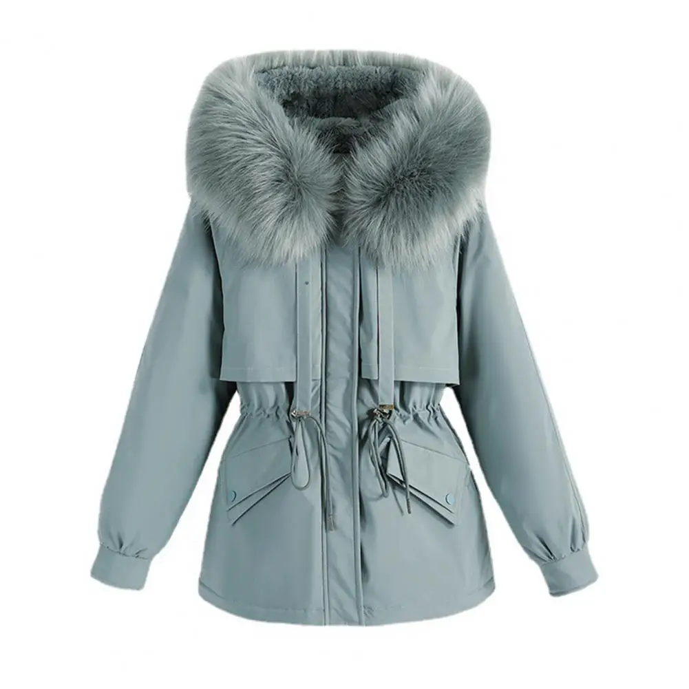 Cotton Padded Coat  Solid Color   Women Coat Winter Faux Fur Hooded Fleece Lined Mid-Length Down Jacket