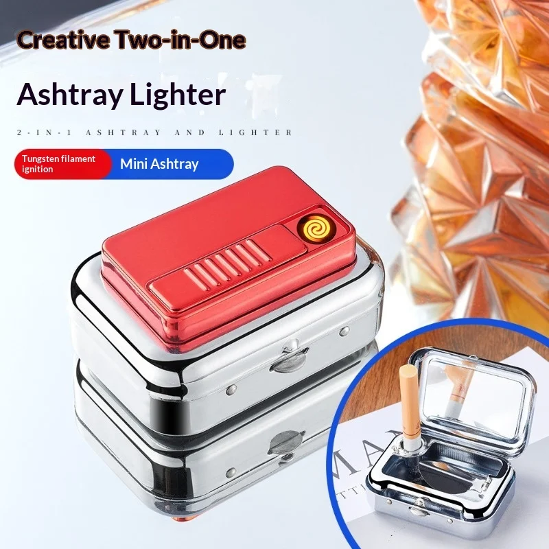 2026 Creative 2-in-1 Integrated Ashtray Lighter Zinc Alloy Windproof Tungsten Wire Ignition Outdoor Portable Ashtray USB Lighter