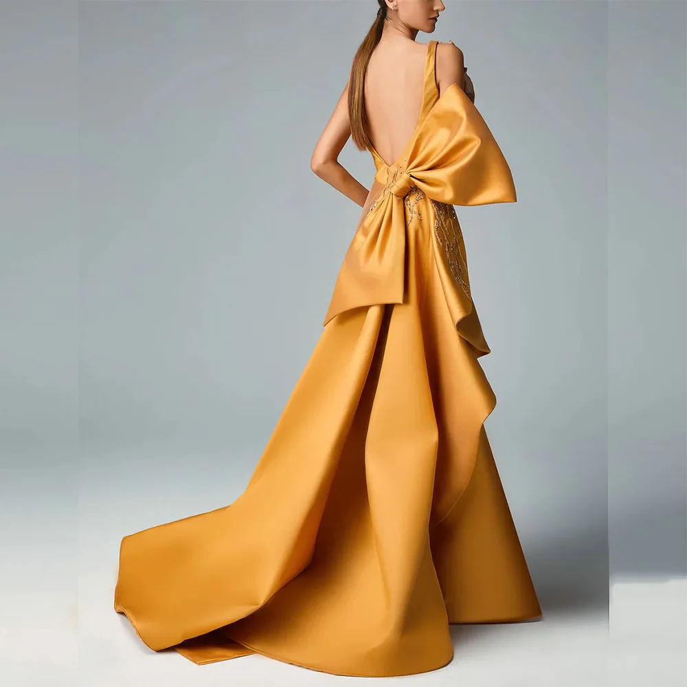 Robe de Soirée Carrée Dorée pour Femme, Tenue Élégante, Droite, Dos aux, à la Mode, Longueur au Sol, pour ixde Mariage, Qualité Supérieure