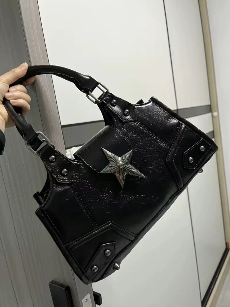 Kerici Y2K Gothic motorcycle star underarm bag for women hot girl vintage Punk PU leather female handbag shoulder bag