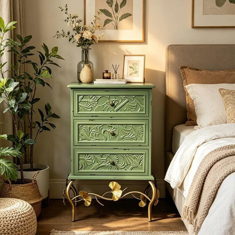 Ginkgo iron wrought nightstand, vintage green three-drawer bedroom storage decoration