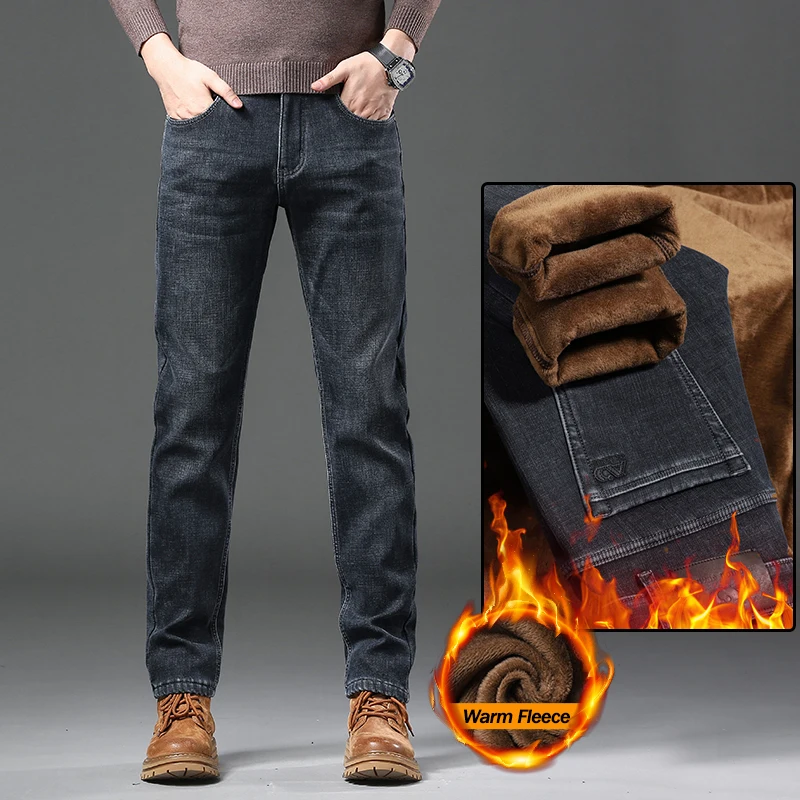 Herren Koreanische Winter-Jeans mit Fleecefutter, Elastischer Bund, Dicke Thermische Warme Denim-Hose, Modische Gerade Business-Casual-Hose