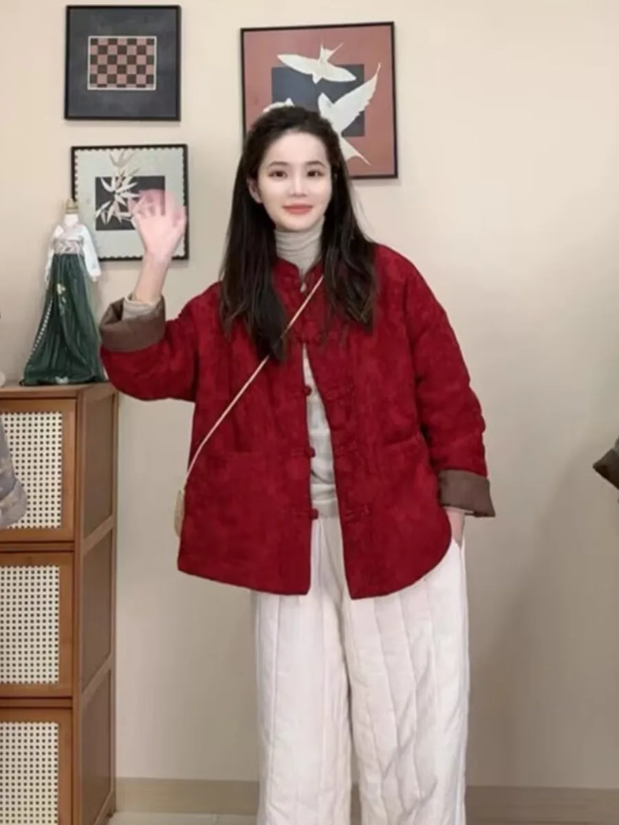 New Chinese Style Red Cotton Jacket Women's Winter High-End Feel Beautiful Embroidery Festive Tang Costume Cotton Coat