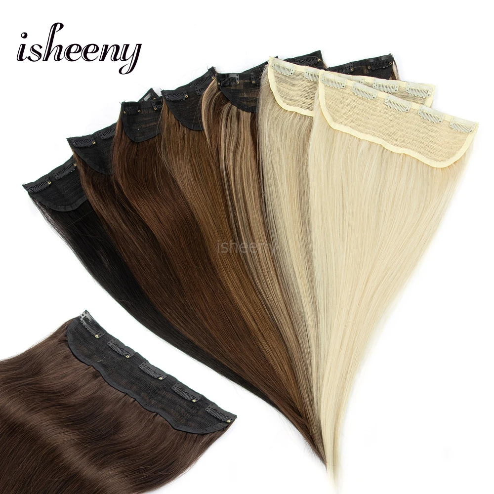 

isheeny Light Weight Clip in Human Hair One Piece 9 inches Width with 5 Clips Natural Straight Clip in Hairpiece