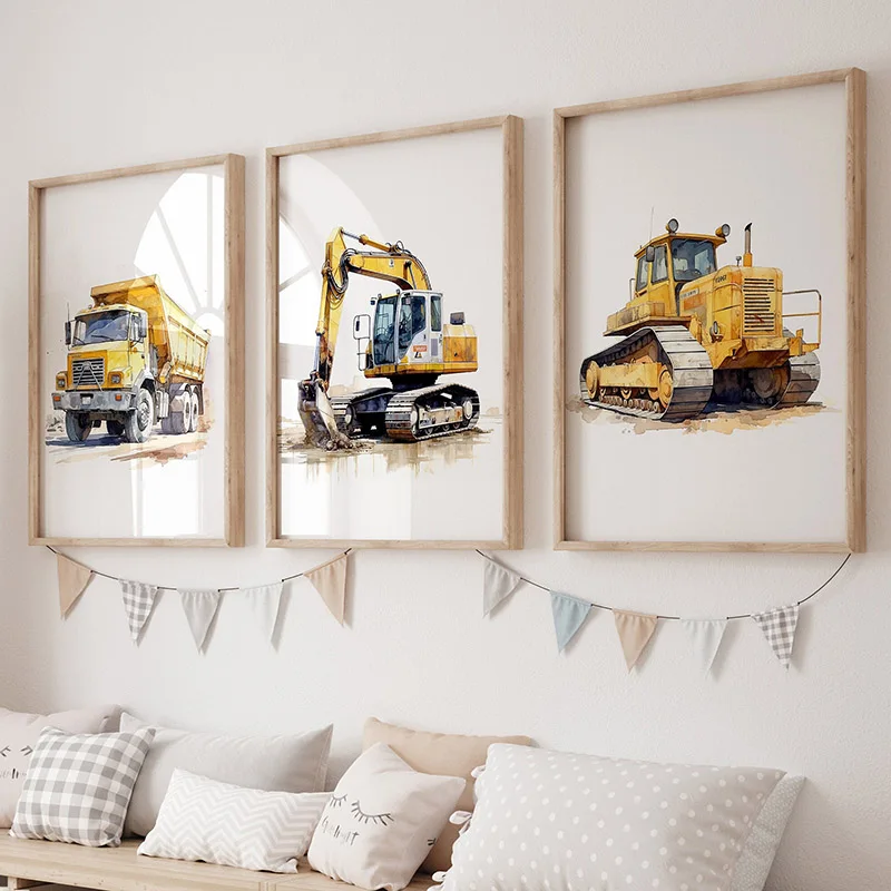 Construction Trucks Nursery Wall Art Mural Canvas Painting Bulldozer Digger Poster Playroom Print Pictures Baby Boy Room Decor