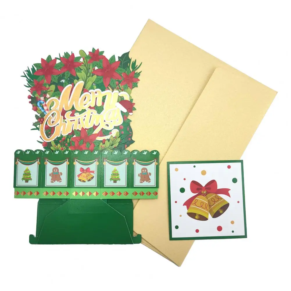 3D Pop Up Greeting Cards Merry Christmas Greeting Card with Writing Card Cute Flower & English Letter Green Blessing Cards