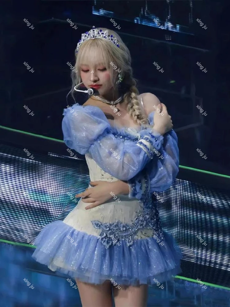 新しい韓国歌手コンサートコスプレ衣装フェスティバルストラップレスレース長袖ドレス女性 Kpop イブニングパーティーエレガントなドレス