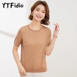 YTFidio Summer New Women Cashmere Wool Tops Office Lady Solid O-neck Warm Soft Official-Website Half Sleeve Sweater 01