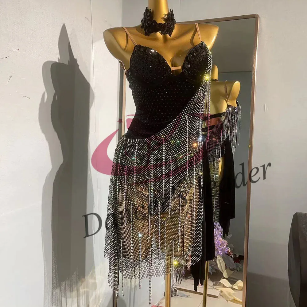 Vestido de dança latina high end personalizado diamante flashover capa suspender chacha tango feminino adulto palco roupas profissionais