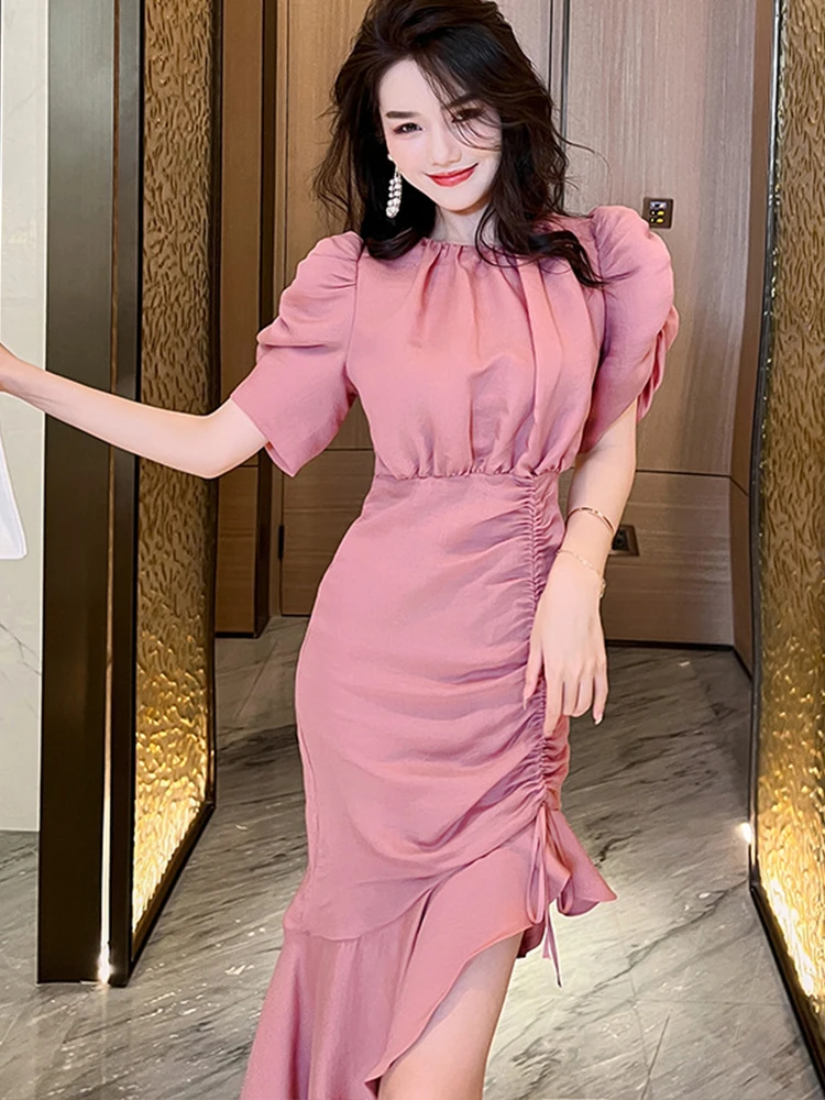 Chic Holiday Dresses for Women Elegant Gentle Pink Korean Satin Drawstring Ruffles Fishtail Robe Party Vacation Vestidos Mujer