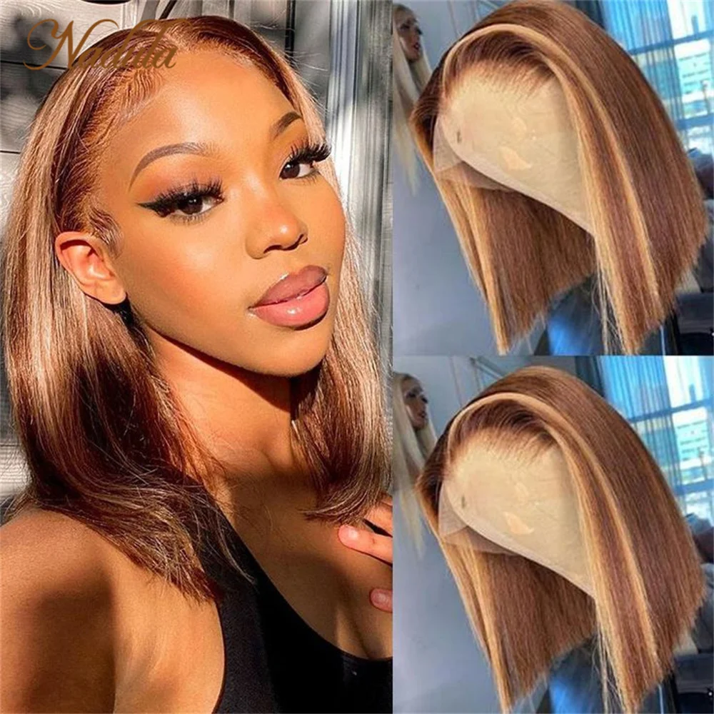 Nadula Hair Pre Cut 6x4.5 Lace Closure Wig Glueless Honey Blond Highlight Ombre Highlight Piano Brown Reddish Brown Cute Bob Wig