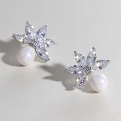 Huitan Graceful Lady Engagement Earrings Luxury Simulated Pearl Jewelry Sweet Female Wedding Accessories with Bright Zirconia