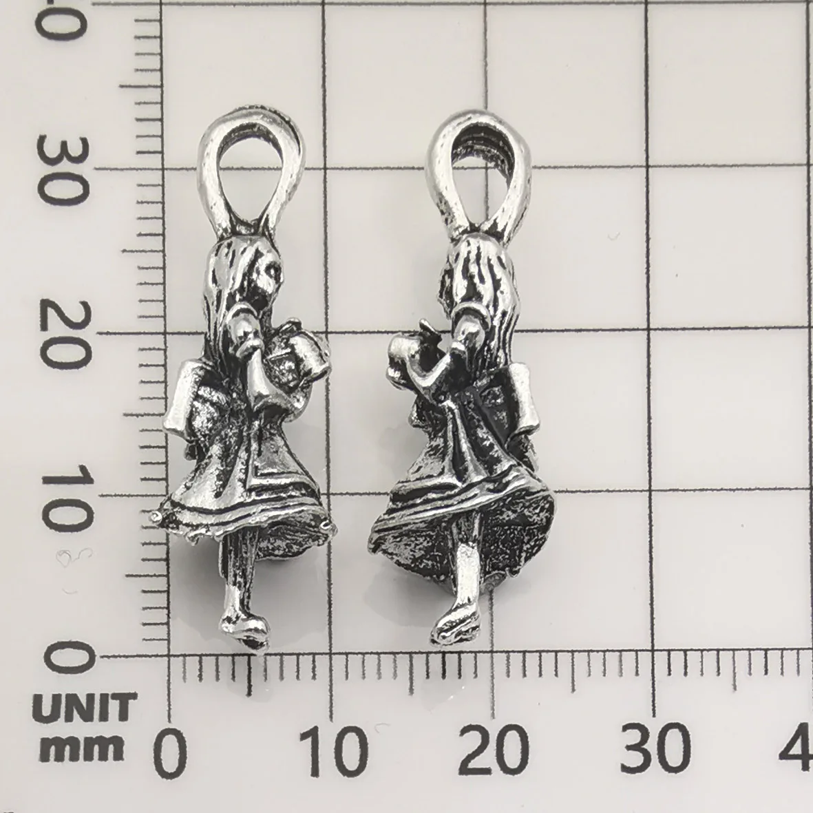 High Quality 10pieces/lot Metel Antique Silver Plated Alice In Wonderland Charms Fit DIY Jewelry Making, Alice pendant 11x32mm