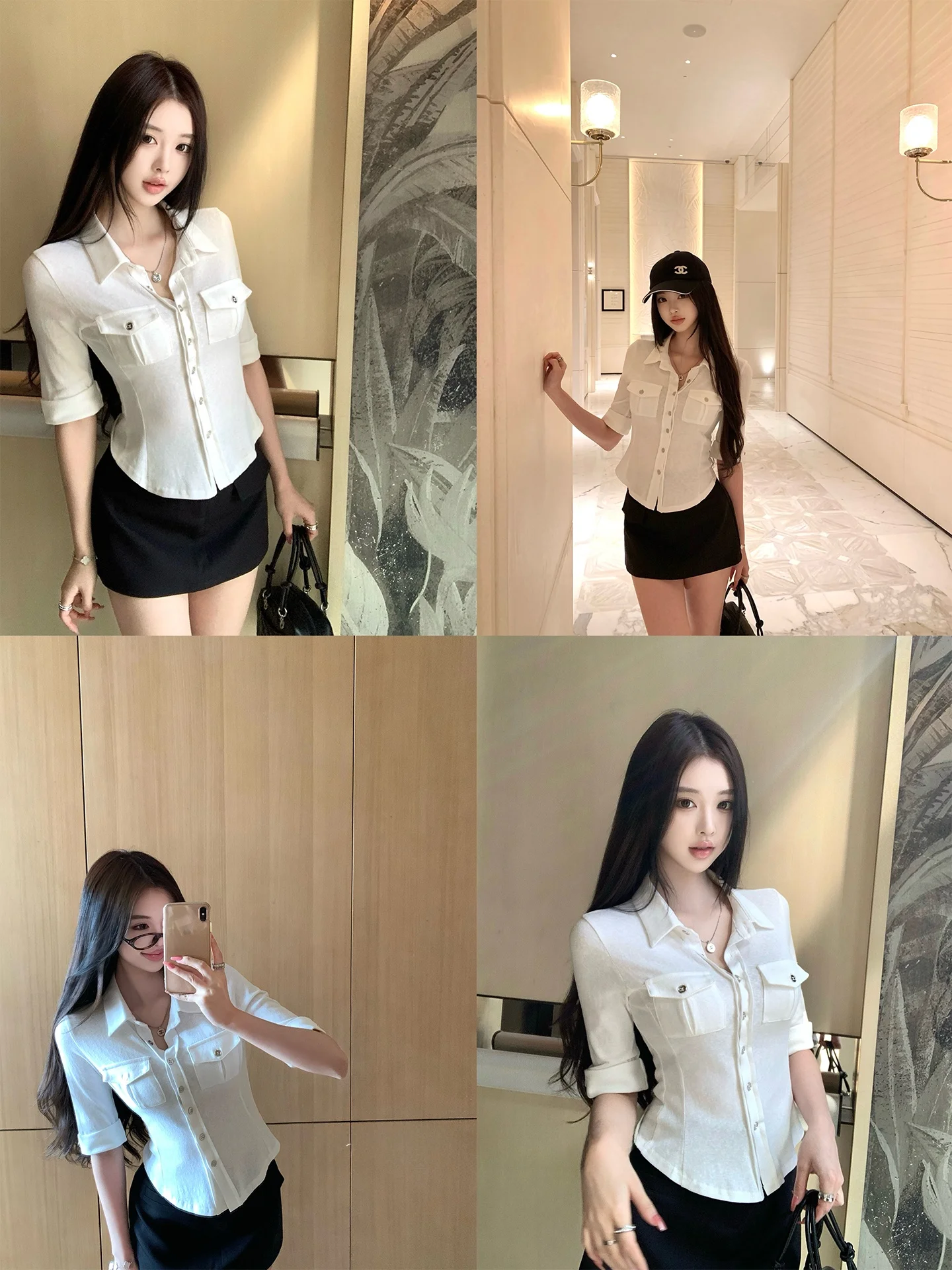 

White Short Sleeve Button up Shirt Waist Cinched Slim Fit Korean Sweet Style Casual Bubble Sleeve Cotton Polyester Blend Wome...