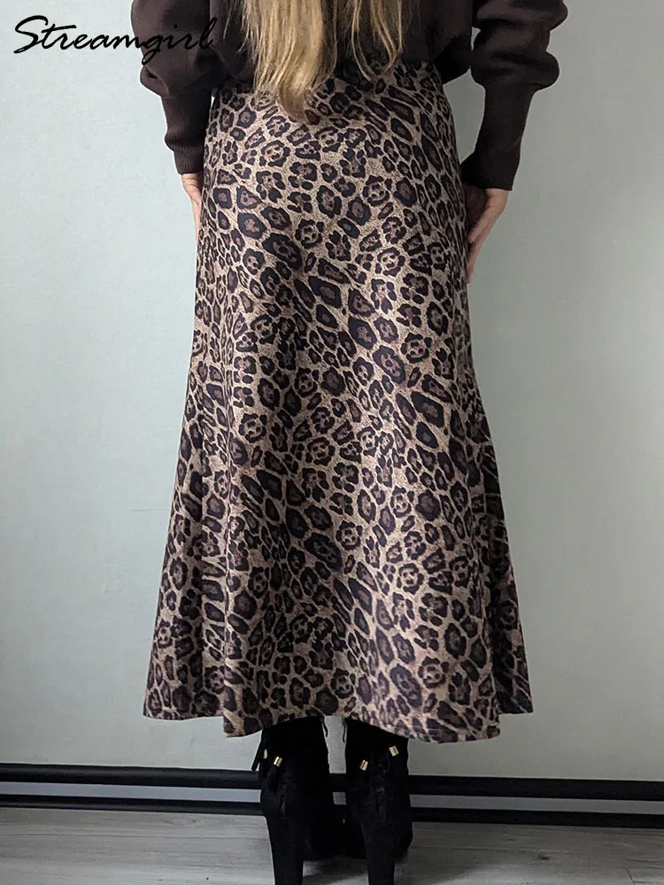 Inverno leopardo impressão camurça saia longa feminina outono vintage uma linha marrom maxi saias para mulheres inverno quente camurça leopardo saias