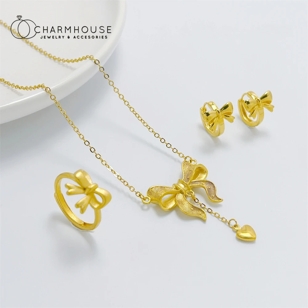 

Gold Color Jewelry Sets for Women Bowknot Hoop Earrings Necklace Rings 3pcs Set Trendy Jewellery Accessories Wholesale Gifts