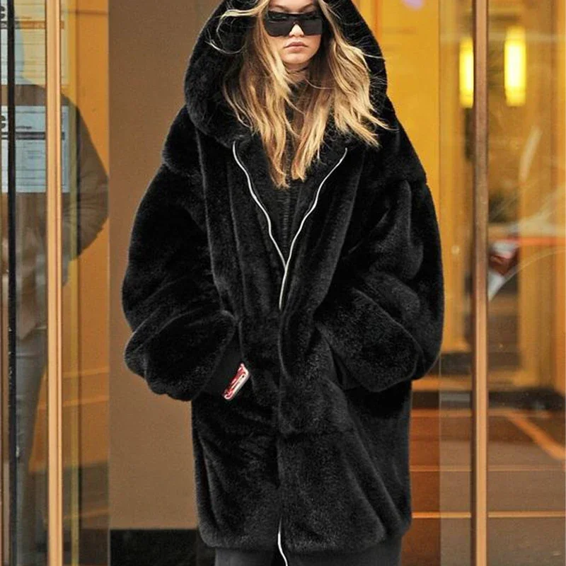 Fashion Runaway Gigi Iconic Long Faux Fur Coat Women 2023 Winter Luxury Brand Thick Warm Hooded Jacket Fake Rabbit Fur Overcoats