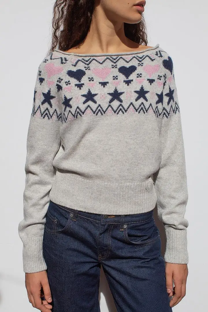 เสื้อสเวตเตอร์ไหล่เดียวสไตล์หวานและเท่, เสื้อสเวตเตอร์ถักลายดาวรักของผู้หญิง, เสื้อสีตัดกันสไตล์เรโทรอเมริกัน