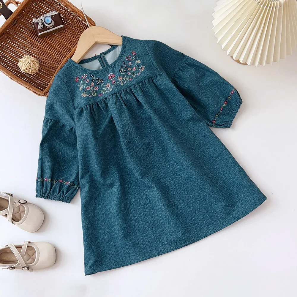 3-7 Years Old Solid Color Kids Dresses for Girls Autumn Blue Imitation Denim Flower Print Dresses Casual Children\'s Clothing