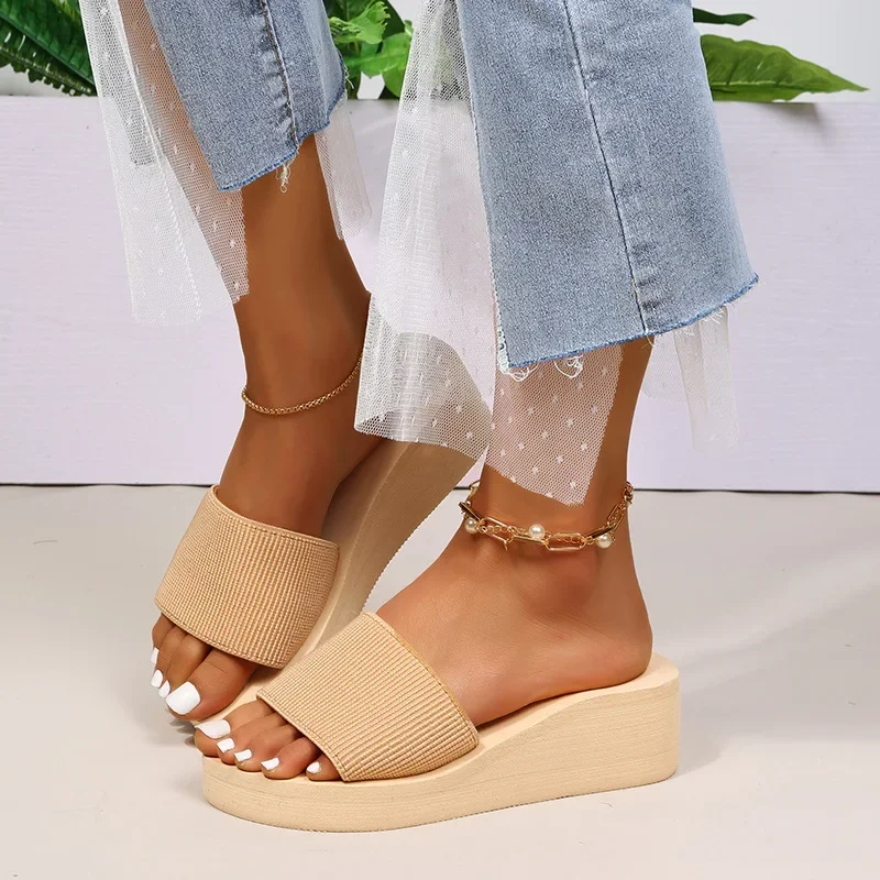 Knitted Wedges Slippers for Women 2023 Summer Chunky Platform Wedge Heels Sandals Woman Light Thick Sole Beach Shoes Mujer