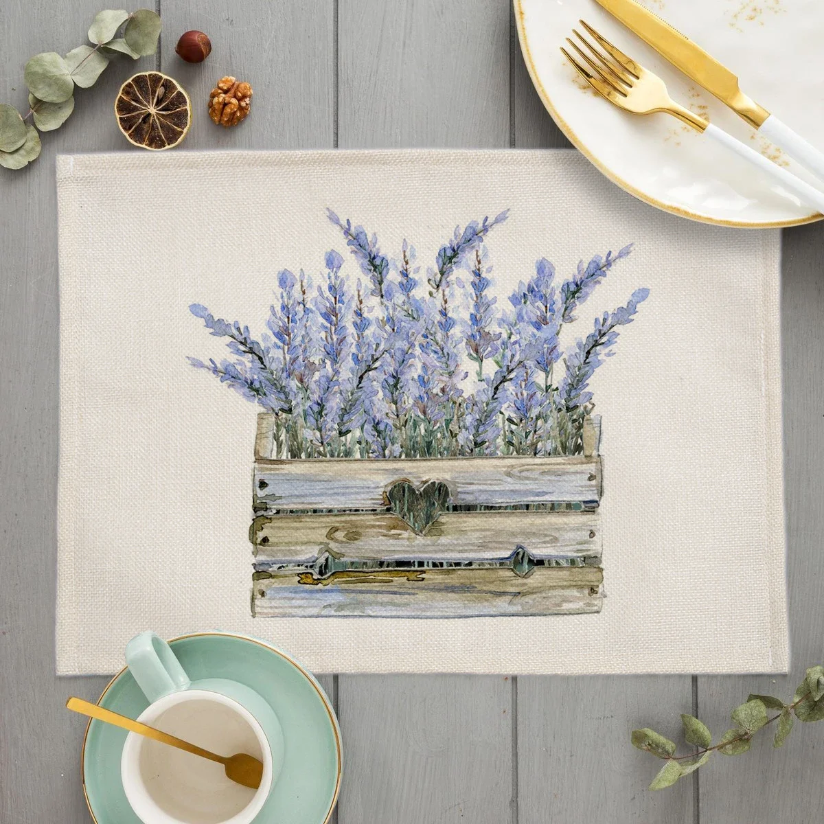 Purple Watercolor Lavender Linen Placemat Vintage Kitchen Decor Cotton Dining Table Coaster Pad Bowl Coffee Cup Mats 45x32cm