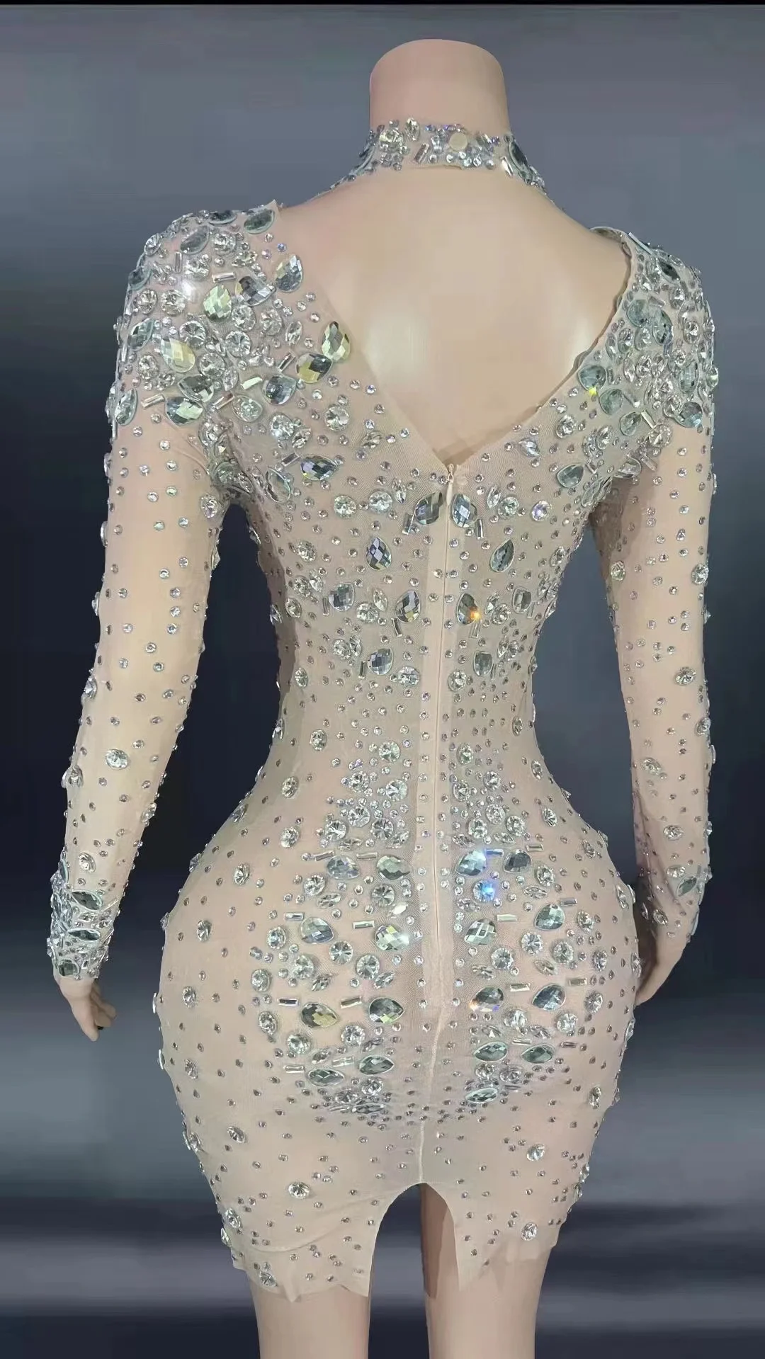 Glister Zilveren Strass Vrouwen Avondfeest Mid Length Jurk Stretch Mesh Perspectief Prom On-Stage Zangeres Verjaardagskleding Jurk