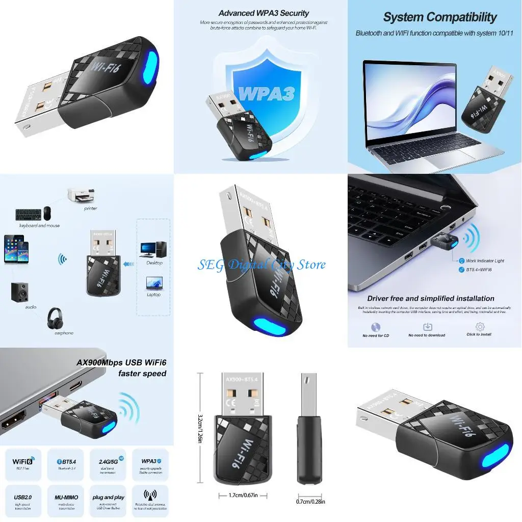 

U75B AX900 WiFi 6 AX900 USB Bluetooth-compatible Adapter Dongle Double Band 2.4Ghz