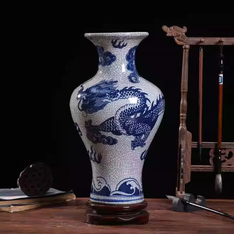 

31cm Jingdezhen Ceramic Vase Imitation Official Kiln Crack Glazed Dragon Pattern Vase Flower Arrangement Chinese Home Living Roo