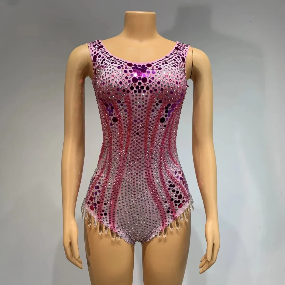 Women Sexy Performance Dancer Costume Nightclub Bar DJ Show Stage Wear Sparkly Rhinestones Tight Bodysuit