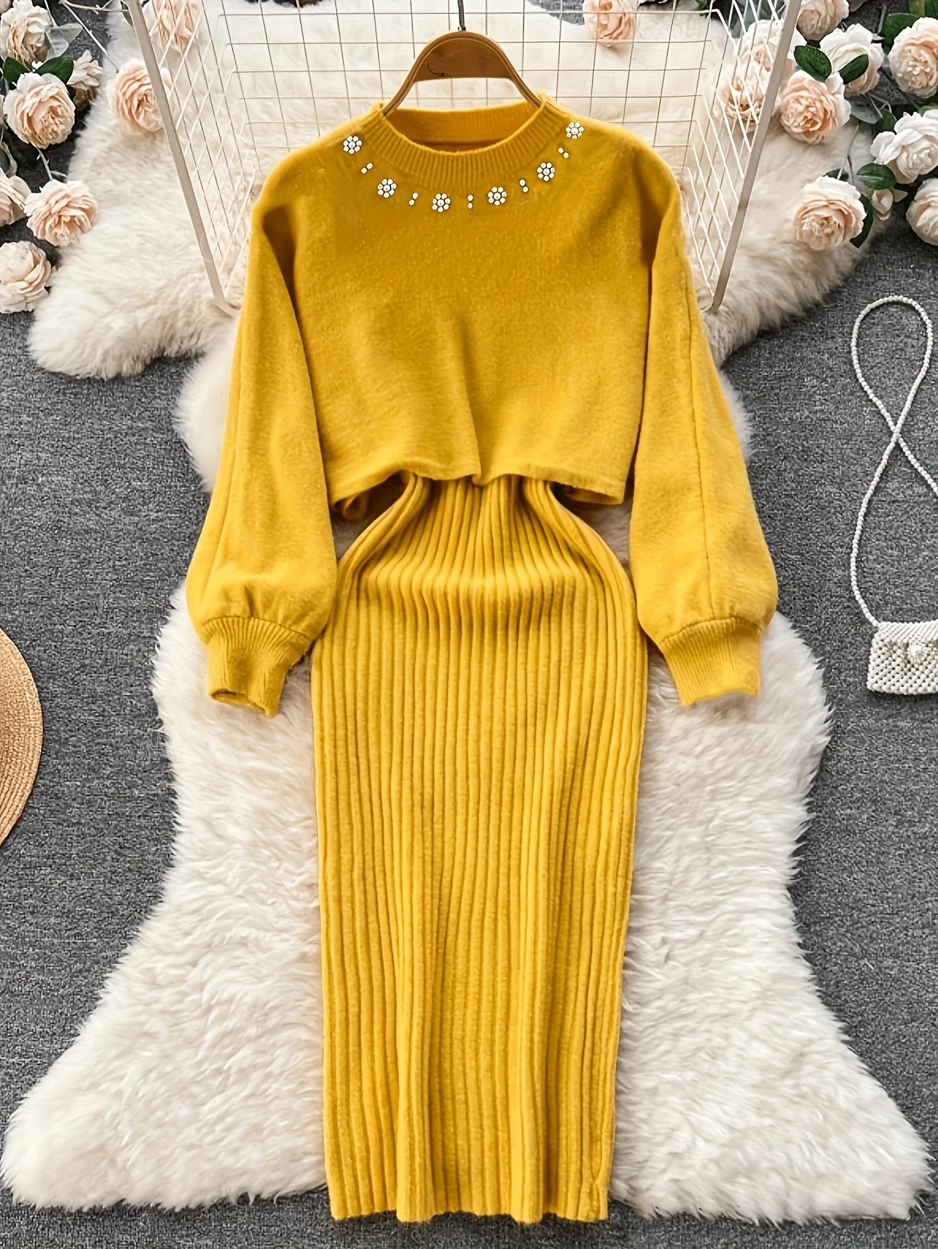 

Women's Autumn/Winter Two-Piece Dress Set: Elegant Beaded Round Neck Short Knit Top and High-Waisted Knit Slip Dress