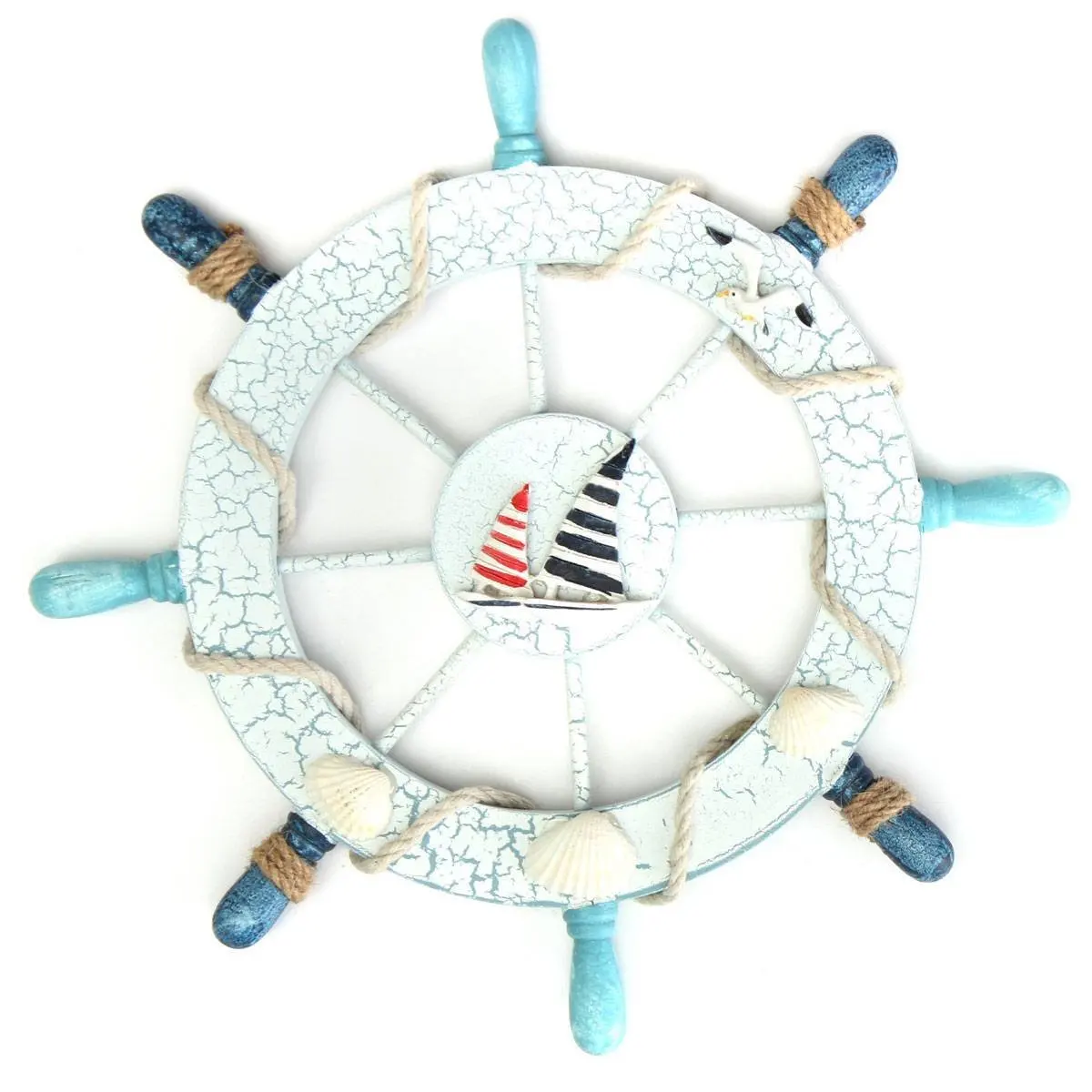 

Wooden Ship Wheel Wall Decor Nautical Home Coastal Bamboo Sail Decoration Light Blue White Spokes Model Boat