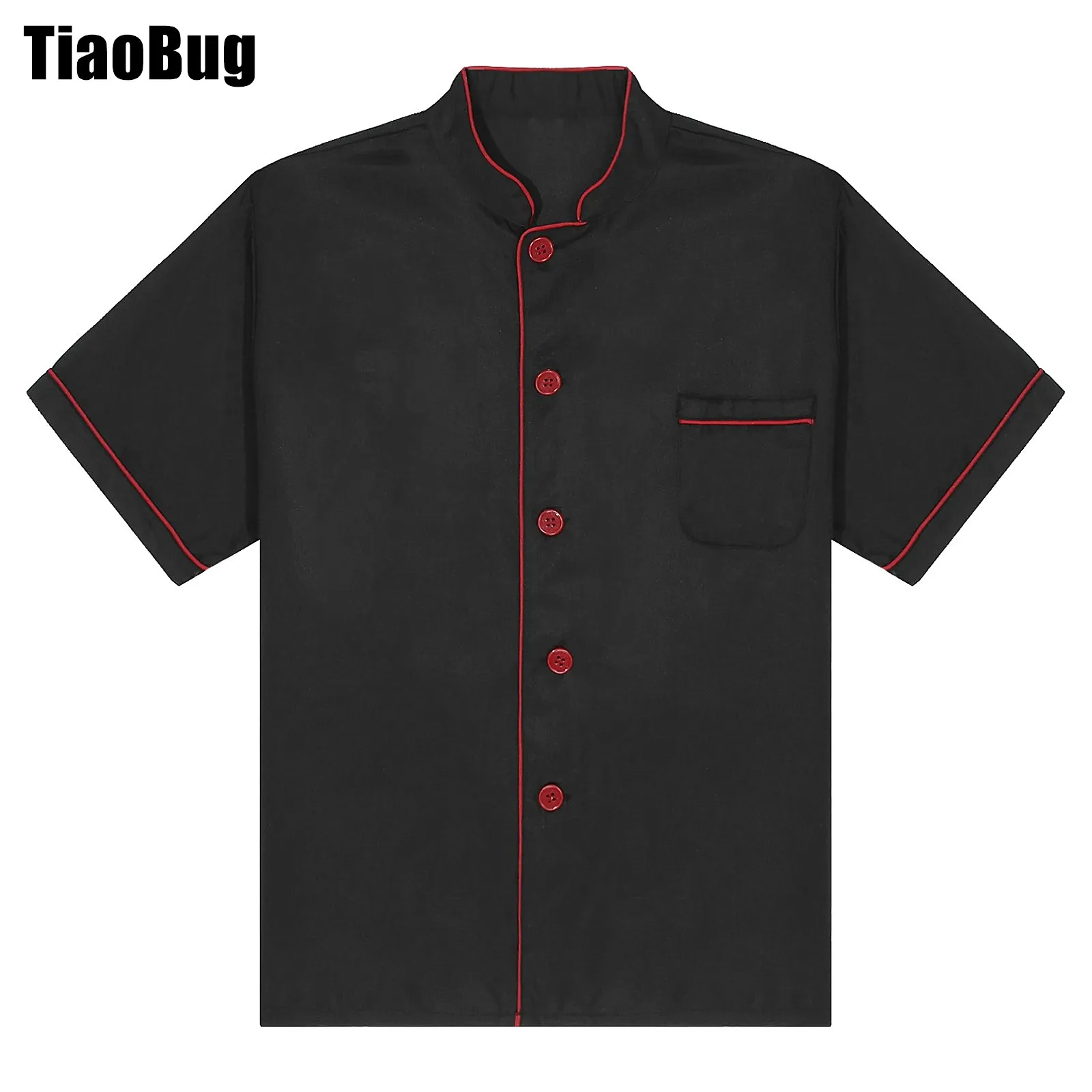 Men Short Sleeve Chef Coat Jacket Restaurant Kitchen Stand Collar Button Down Cook Uniform with Pocket