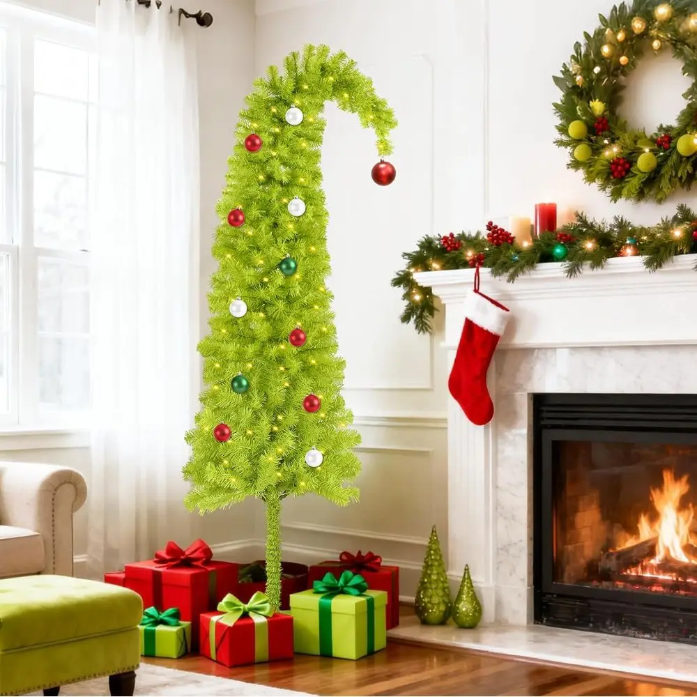 شجرة عيد الميلاد الاصطناعية القابلة للانحناء بطول 5 أقدام باللون الأخضر الليموني مع 150 مصباح LED وقاعدة معدنية وزخارف كروية للمنزل والمكتب