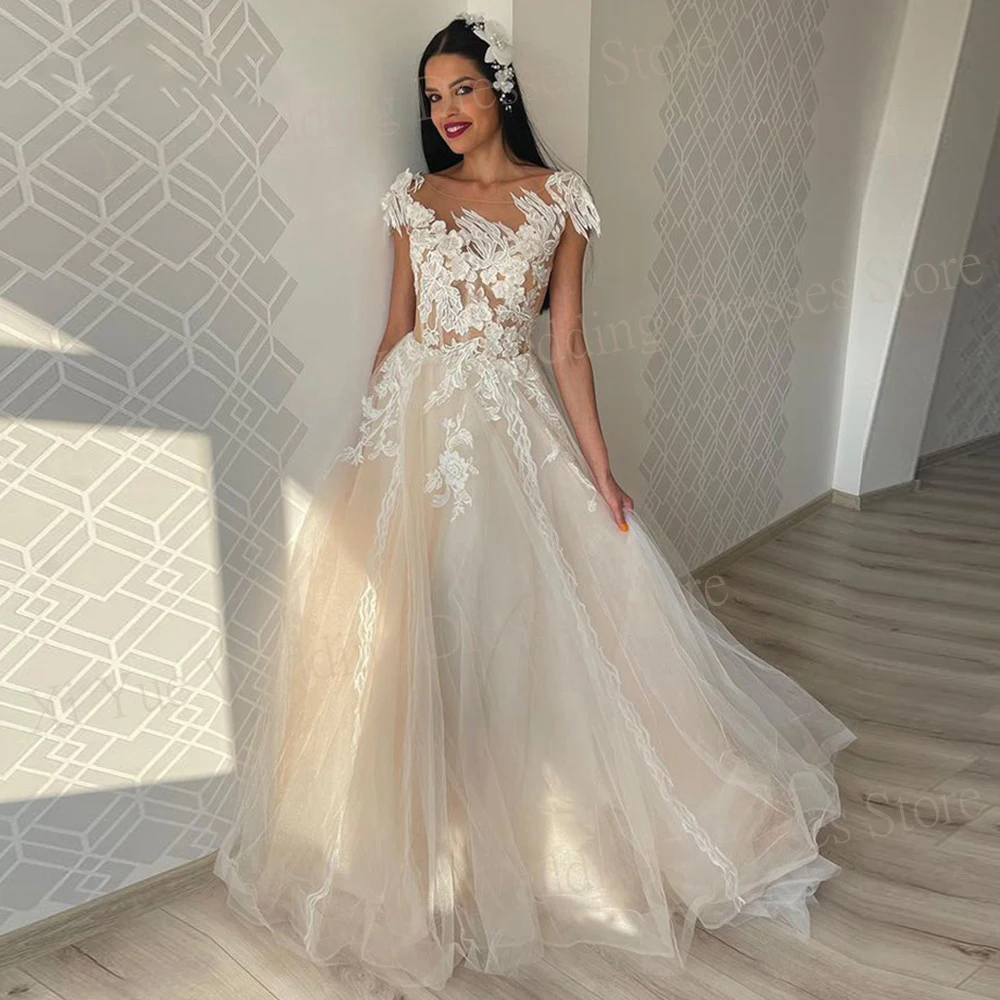 Exquisite Graceful A Line Women's Wedding Dresses Modern Cap Sleeve Tulle Bride Gowns Classic Lace Appliques Vestidos Femenino