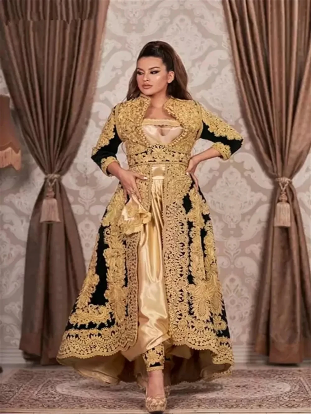 Gold Appliques Party A-line Prom Gown Traditional Kosovo Albanian Caftan Evening Dress Customized 2-pieces Fashion Formal Events