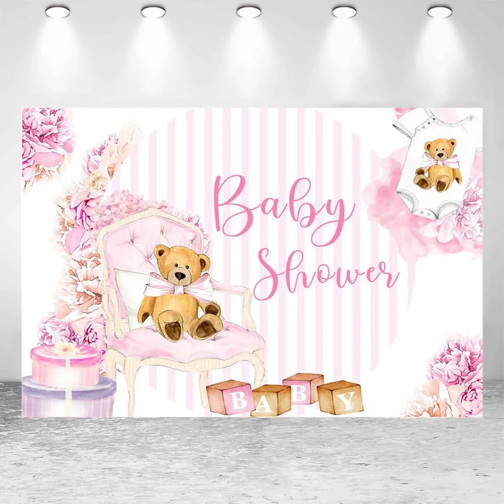 Mocsicka Brown Little Bear Newborn Baby Shower Photography Backdrops Blue Pink Floral Birthday Cake Smash Photo Background Props