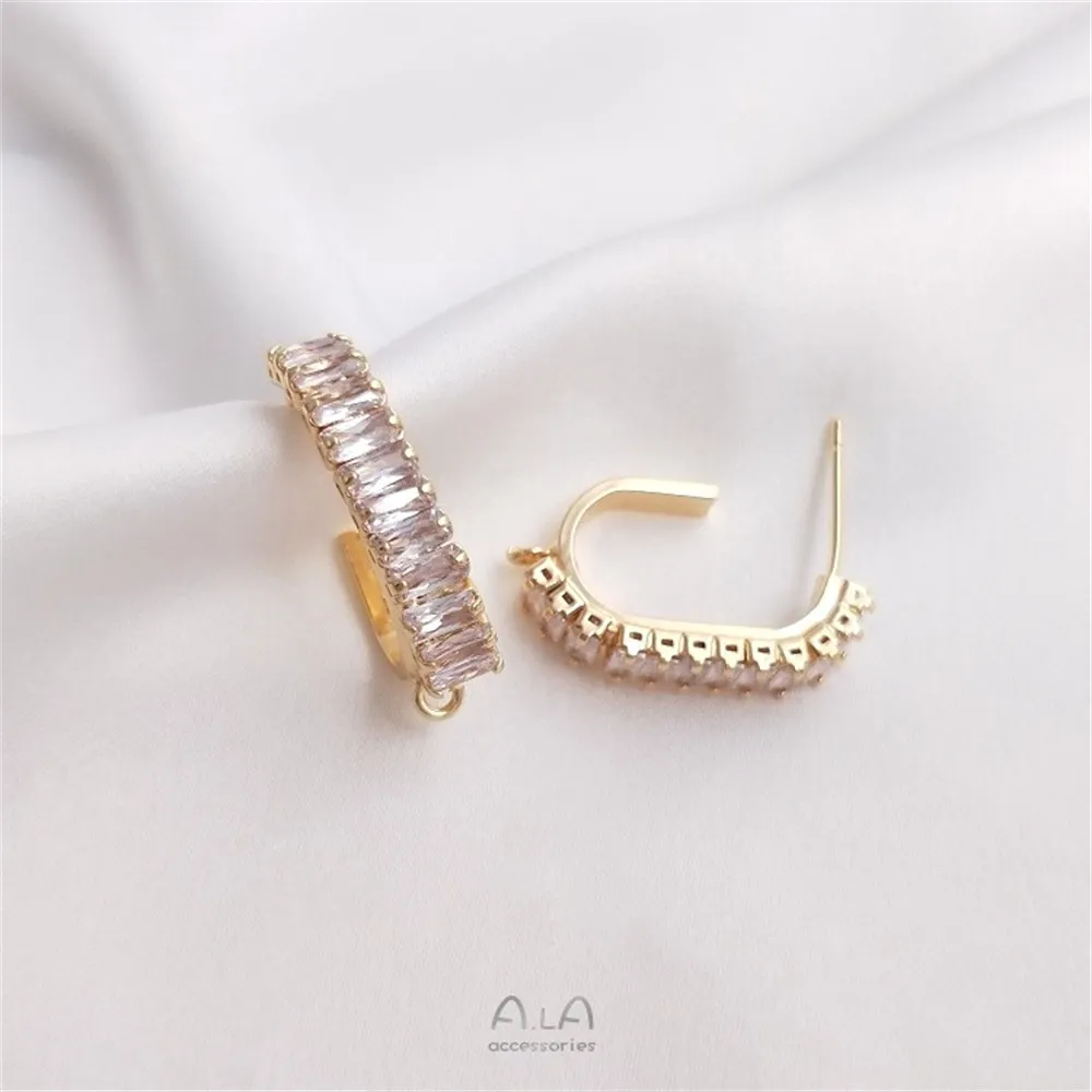 14K Gold-coated T-square Zircon C-shaped Earrings S925 Silver Needle Earrings Handmade Diy Ear Jewelry Materials E126