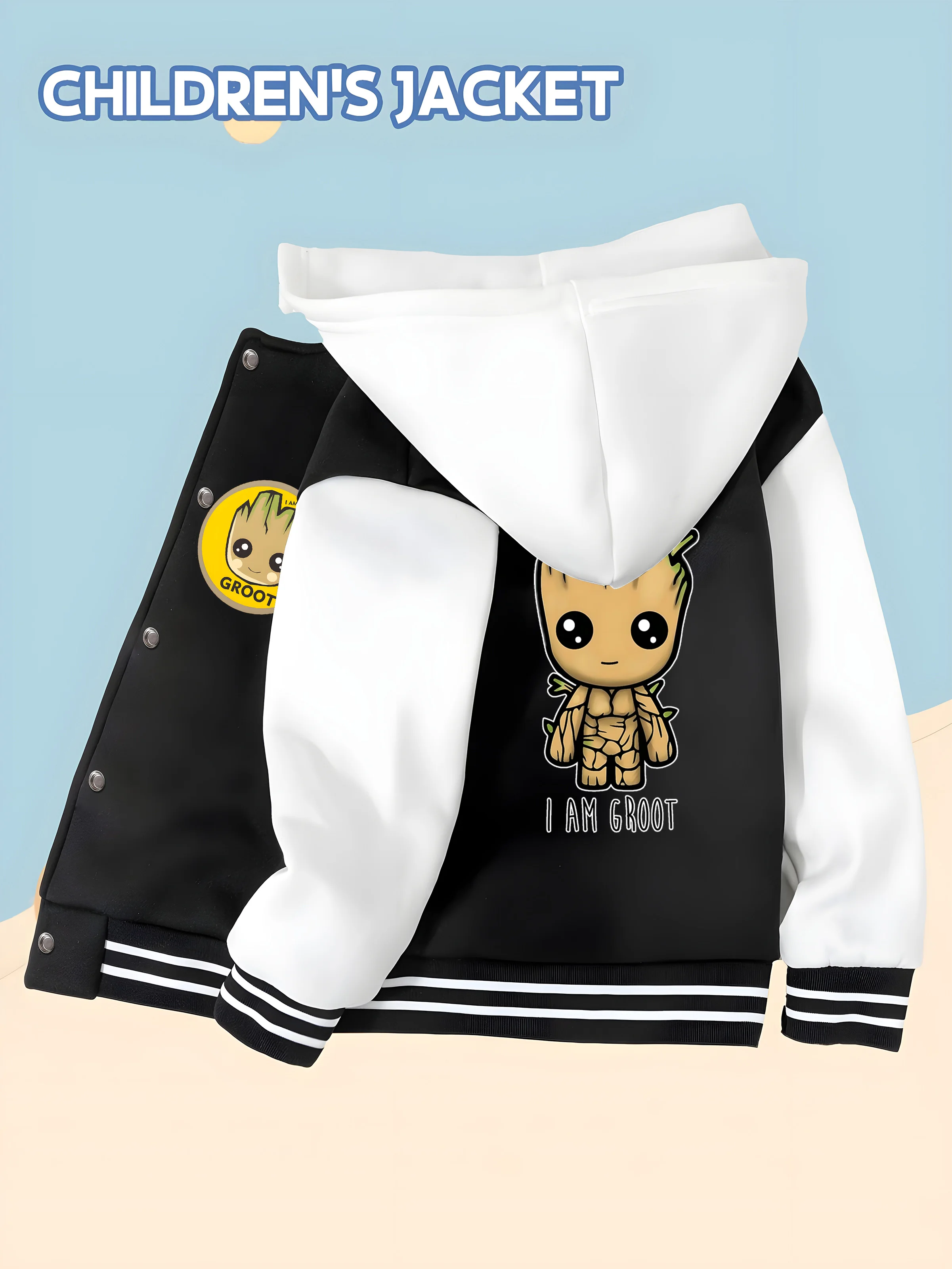 

MINISO Disney Marvel Groot Themed Boys' Baseball Jacket - Double-Sided Cute Treeman Print, Perfect for Marvel Fans