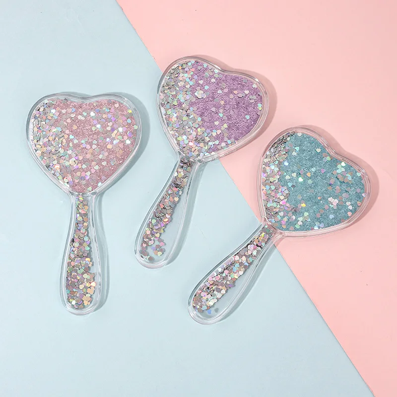 Fai Yun-Miroir de maquillage en forme de cœur, mignon, transparent, sables mouvants, petit cadeau, paillettes, déterminer