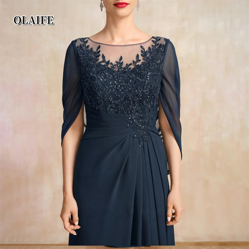 Graceful A-line Mother Dresses For Weddings Scoop Lace Evening Dresses Chiffon Illusion Wedding Party Dress فستان حفلات الزفاف