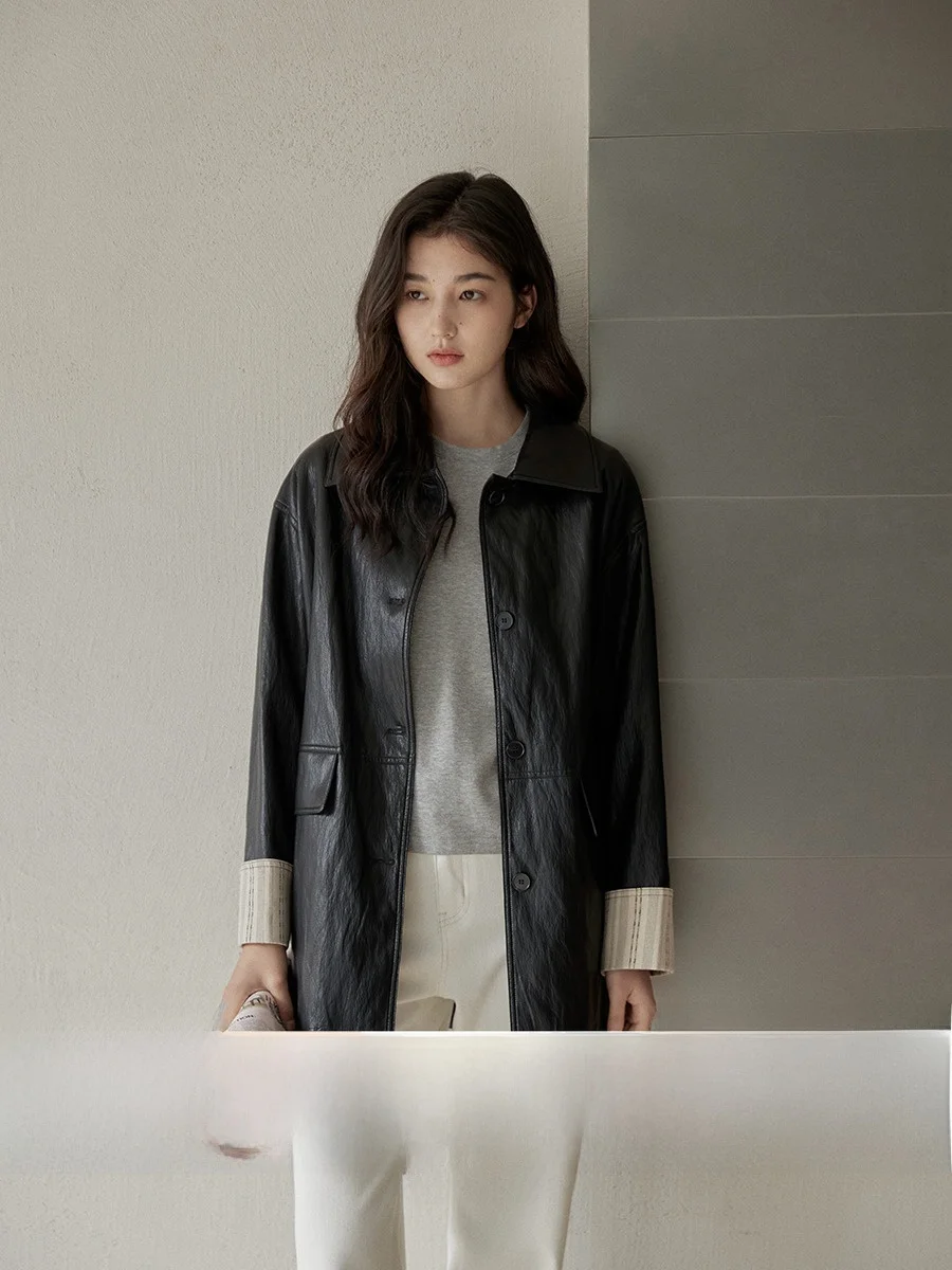 

Ginnkee Retro Texture Pleated Collar Leather Jaet Women's Loose Lazy Sle Mid-Length Coat Synthetic Leather Long Sve