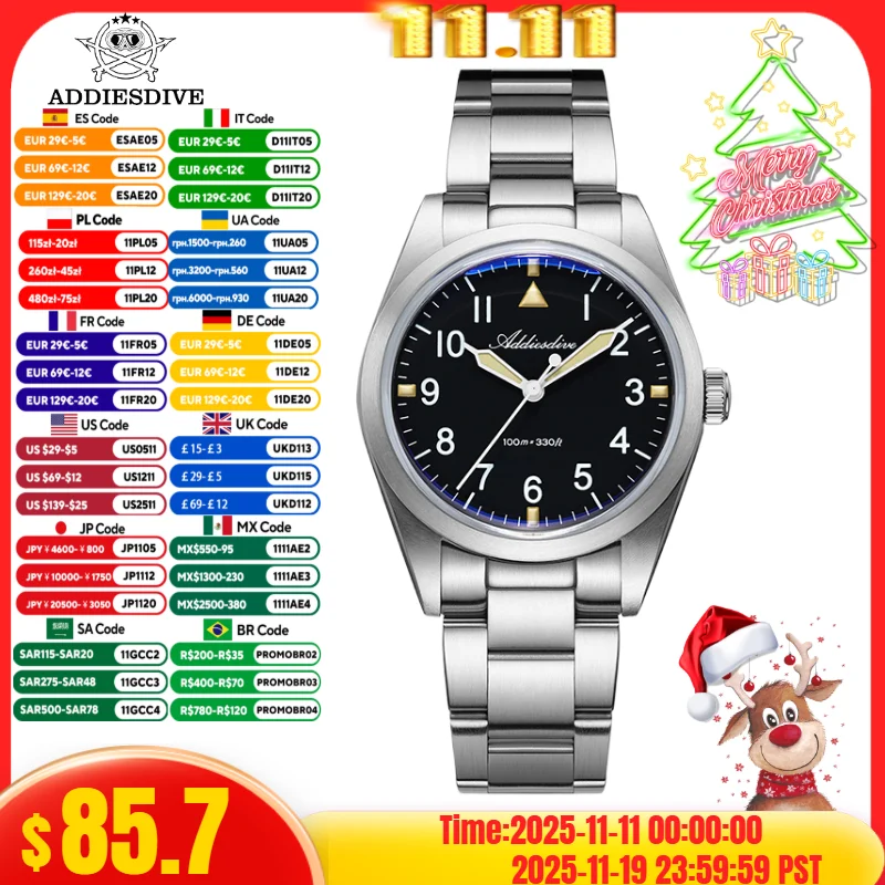 

ADDIESDIVE NEW 36mm Watch For Men AD2502 VH31 Movement Titanium Alloy reloj hombre Luminous 100M Waterproof Quartz Watches