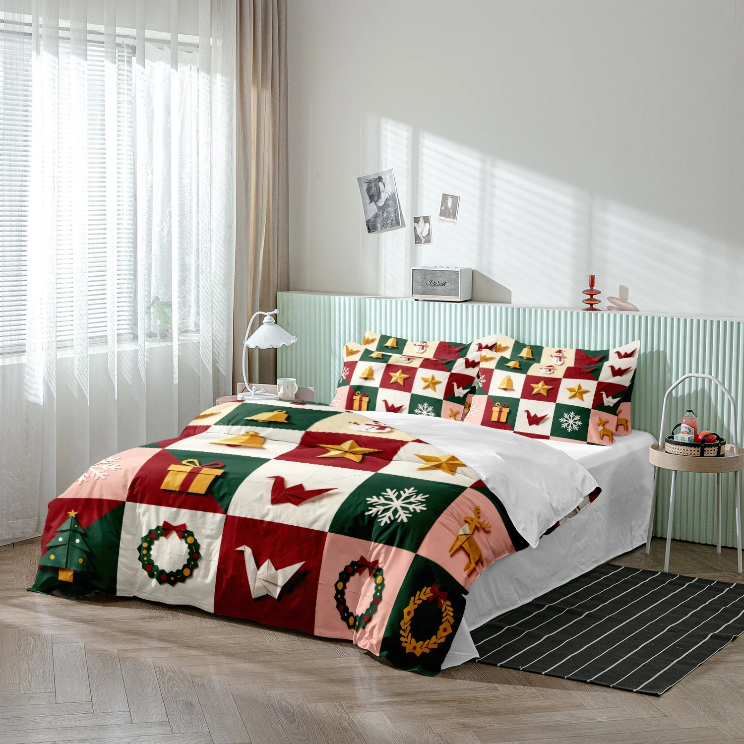 3Pcs Christmas Geometry Checkered Duvet Cover Set, Grid with Reindeer Xmas Tree Star Bell Wreath and Snowflake Pattern Bedding