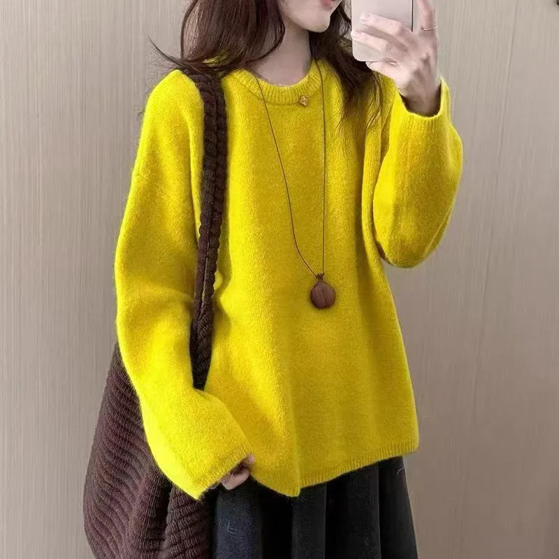 

Женская одежда, модные универсальные однотонные вязаные пуловеры, осень-зима, новые повседневные свободные утепленные свитера с длинными рукавами, женский топ Y2k